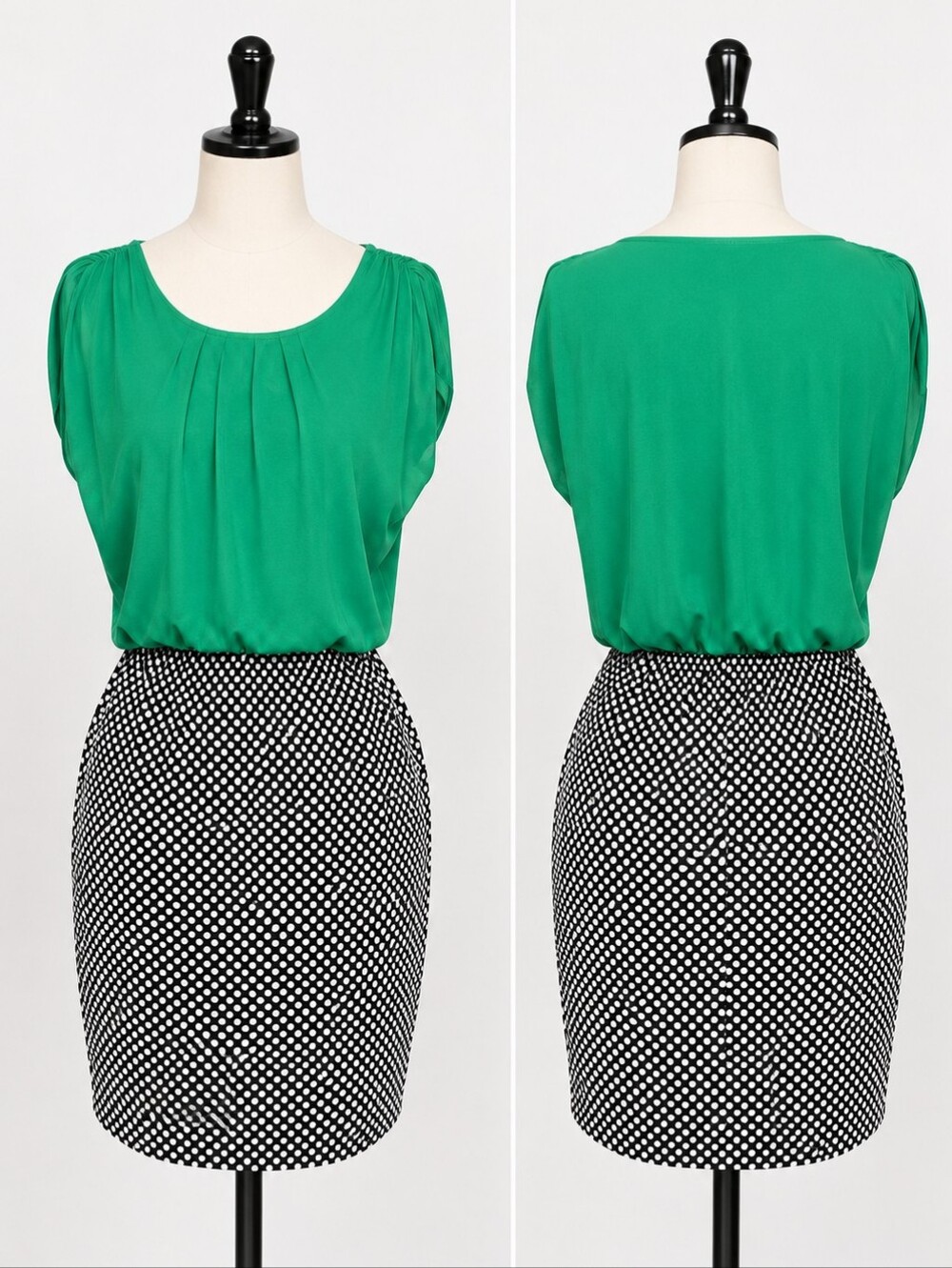 Green black/white polka dot bottom dress sz L